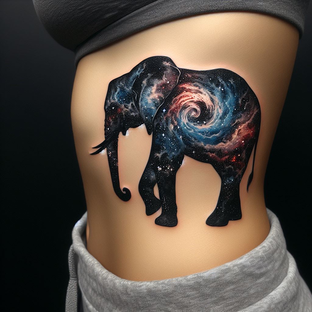 A tattoo of an elephant silhouette filled with a cosmic galaxy pattern, located on the side of the ribcage. The design merges the elephant's form with swirling nebulas and twinkling stars, symbolizing the vastness of the universe and the elephant's wisdom as ancient and profound as the cosmos itself.