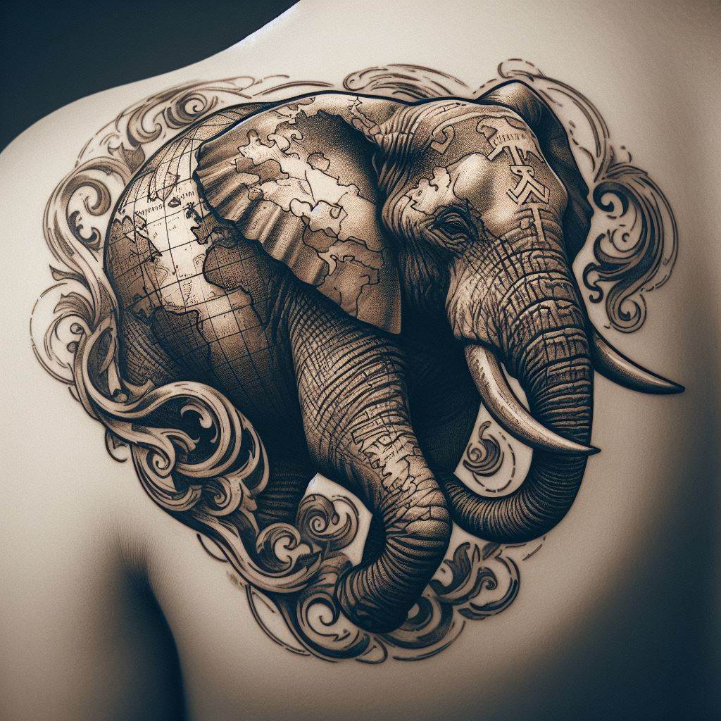 An antique-style tattoo of an elephant carrying a world map on its back, positioned on the shoulder. This detailed design combines the imagery of exploration and discovery with the strength and endurance of the elephant, symbolizing the journey through life and the weight of the world one carries.