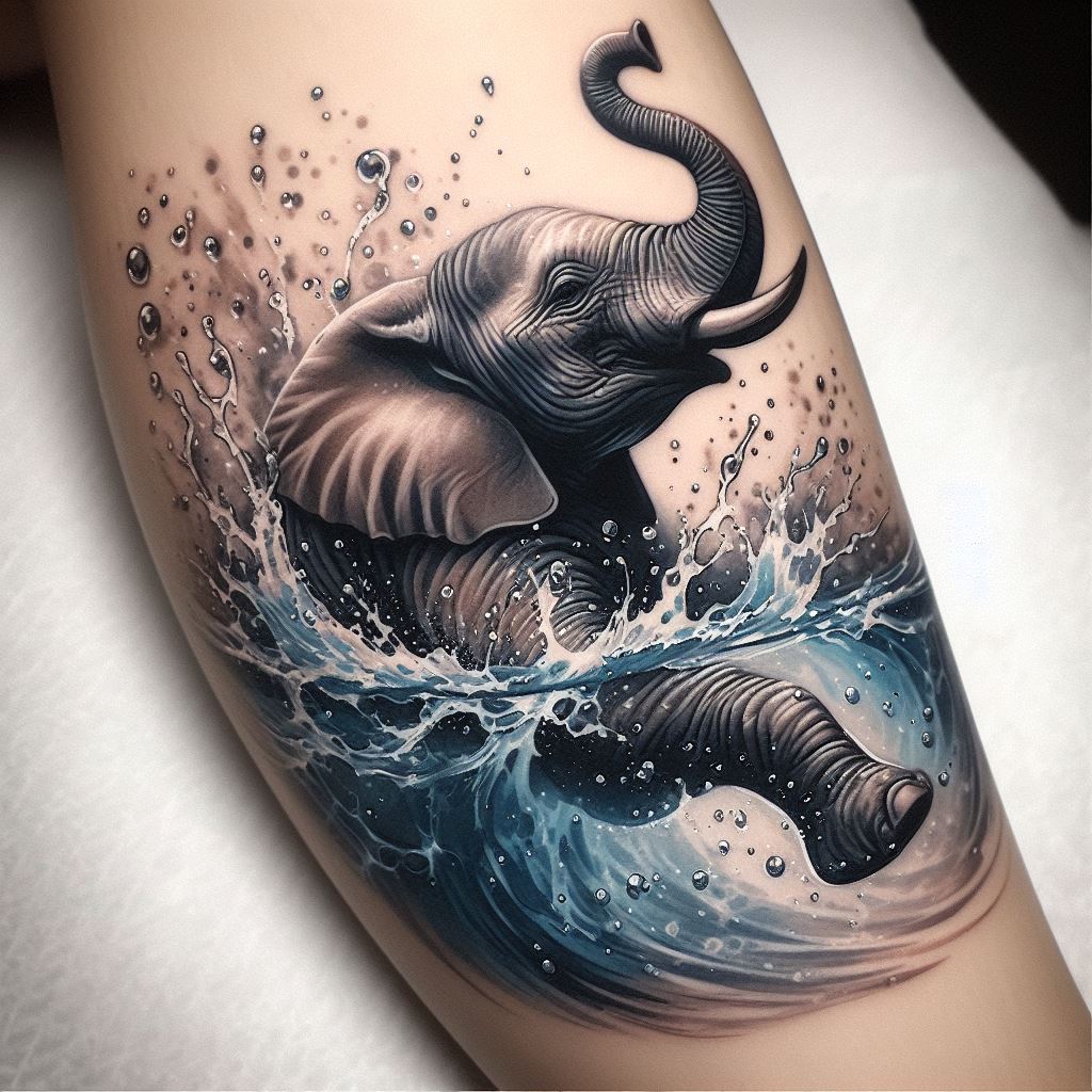 A dynamic tattoo of an elephant playing in the water, with splashes and droplets captured in mid-motion, located on the lower leg. The design focuses on the playfulness and joy of the moment, using shades of blue and gray to bring the scene to life, symbolizing the importance of finding joy in the everyday.
