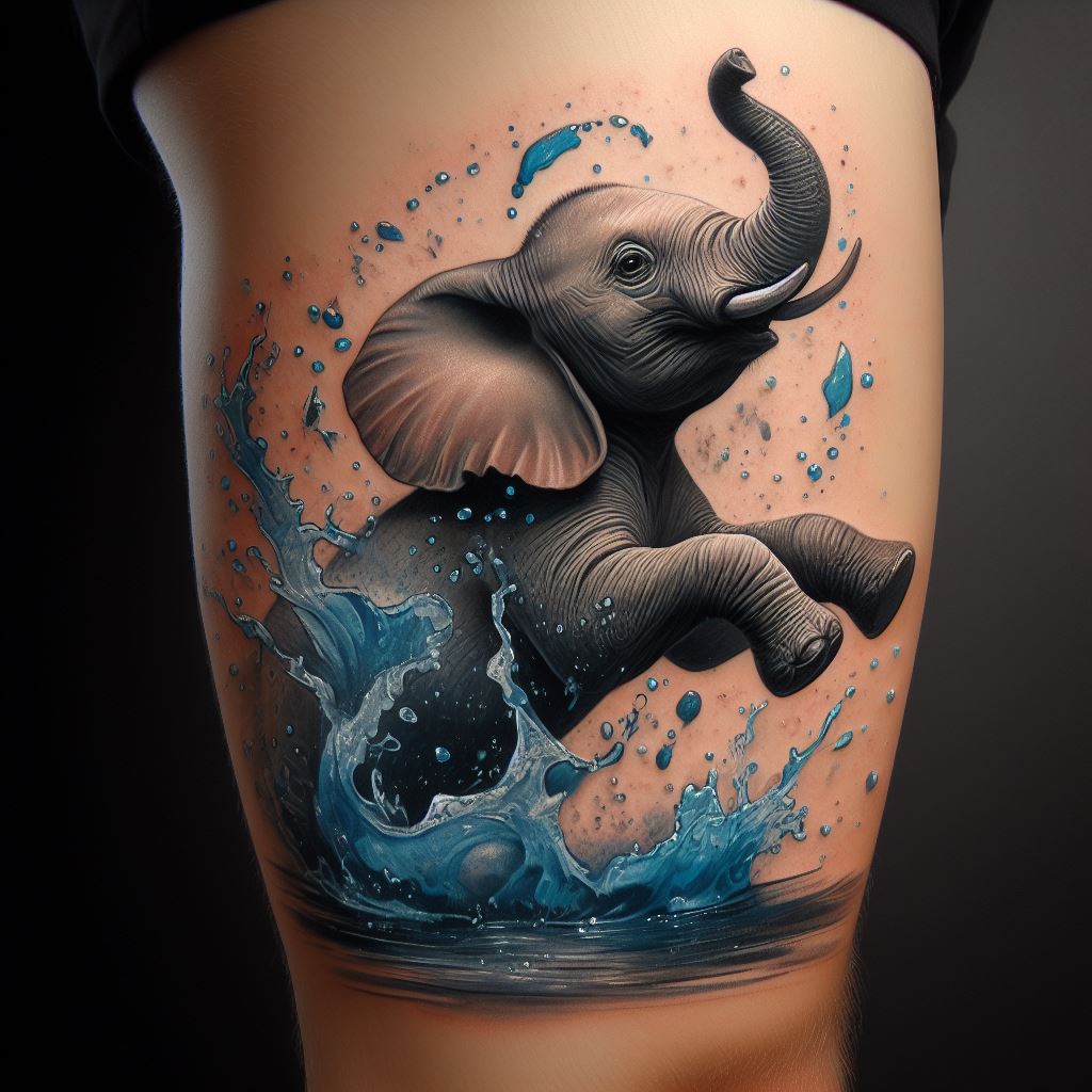 A dynamic tattoo of an elephant playing in the water, with splashes and droplets captured in mid-motion, located on the lower leg. The design focuses on the playfulness and joy of the moment, using shades of blue and gray to bring the scene to life, symbolizing the importance of finding joy in the everyday.