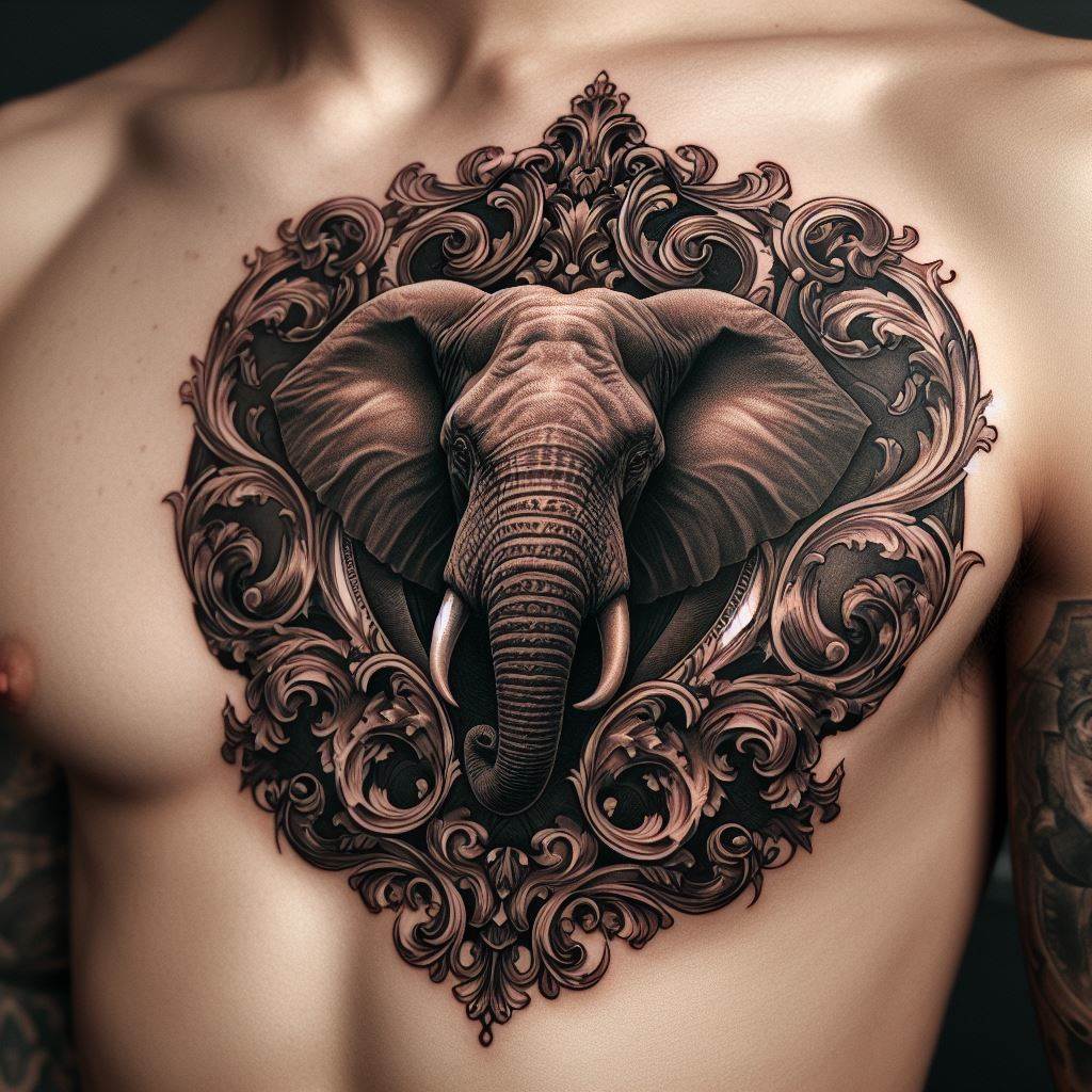 An intricate tattoo of an elephant head framed by a Baroque-inspired ornamental design, positioned on the upper chest. The tattoo combines the noble beauty of the elephant with luxurious decorative elements, symbolizing wealth, sophistication, and the timeless appeal of classical art.