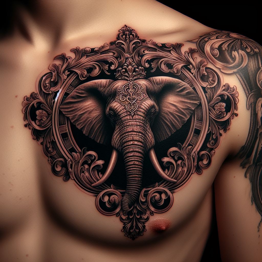An intricate tattoo of an elephant head framed by a Baroque-inspired ornamental design, positioned on the upper chest. The tattoo combines the noble beauty of the elephant with luxurious decorative elements, symbolizing wealth, sophistication, and the timeless appeal of classical art.