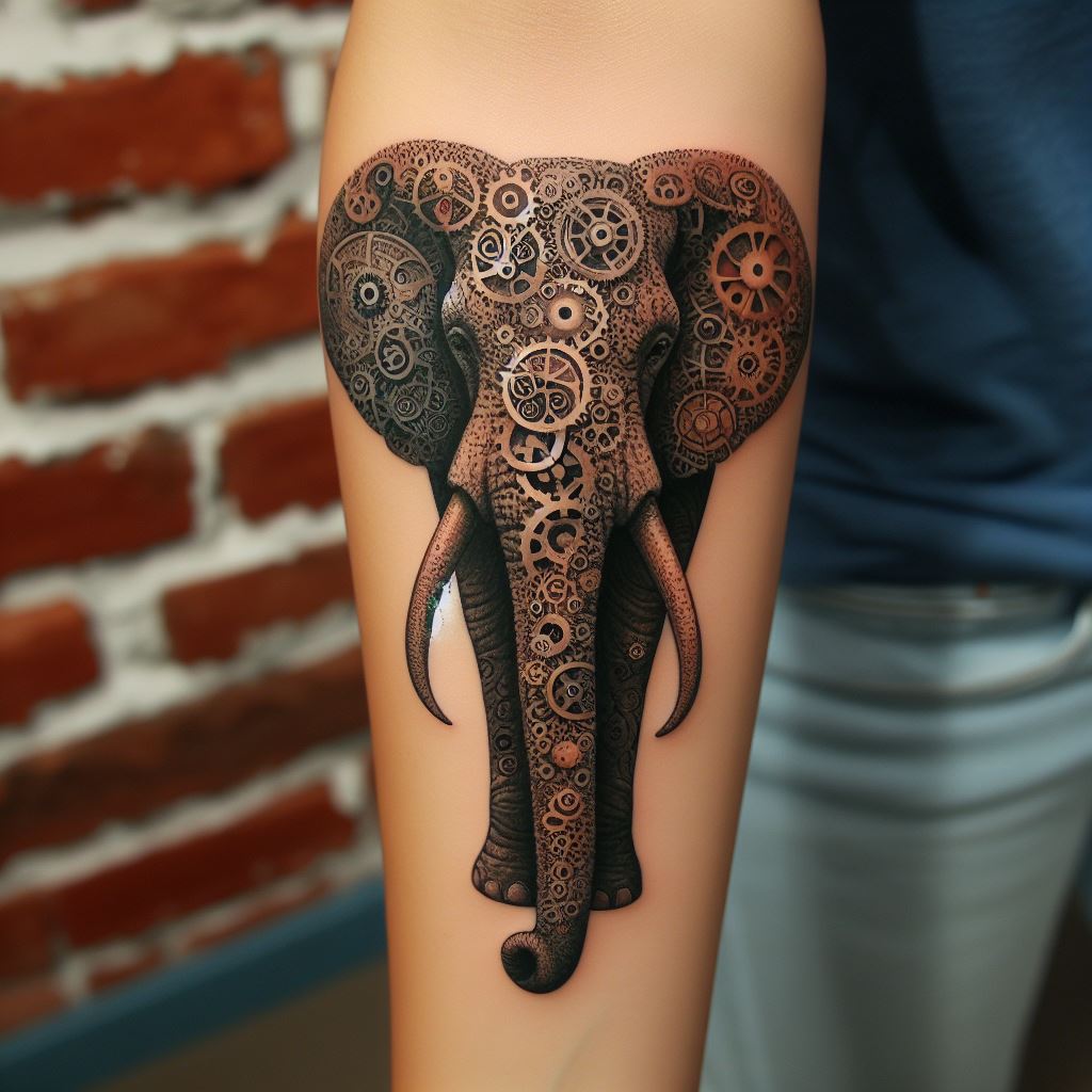 A tattoo of an elephant made up of tiny, interlocking gears and mechanical parts, located on the forearm. This steampunk-inspired design transforms the elephant into a fantastical machine, symbolizing the melding of the natural and the man-made, and the wonders of invention and creativity.