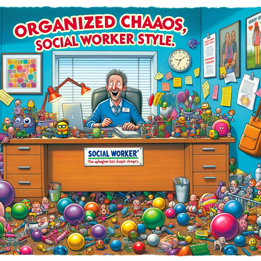 An amusing depiction of a social worker's desk, cluttered with toys, stress balls, and motivational posters, with a cheerful chaos vibe, and the caption: 'Organized chaos, social worker style.'