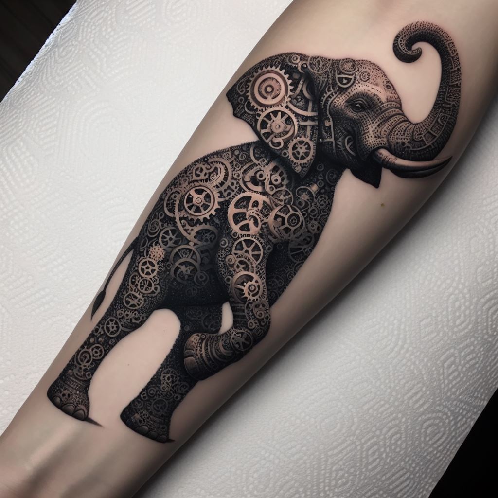 A tattoo of an elephant made up of tiny, interlocking gears and mechanical parts, located on the forearm. This steampunk-inspired design transforms the elephant into a fantastical machine, symbolizing the melding of the natural and the man-made, and the wonders of invention and creativity.