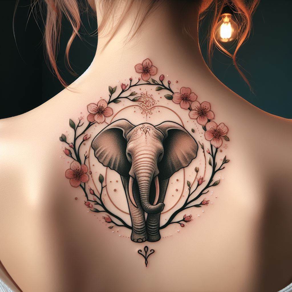 An elegant tattoo of an elephant in a peaceful pose, surrounded by a halo of light and delicate cherry blossoms, positioned on the back of the neck. This design uses soft colors and graceful lines to evoke a sense of serenity and rebirth, symbolizing new beginnings and the beauty of nature's cycles.