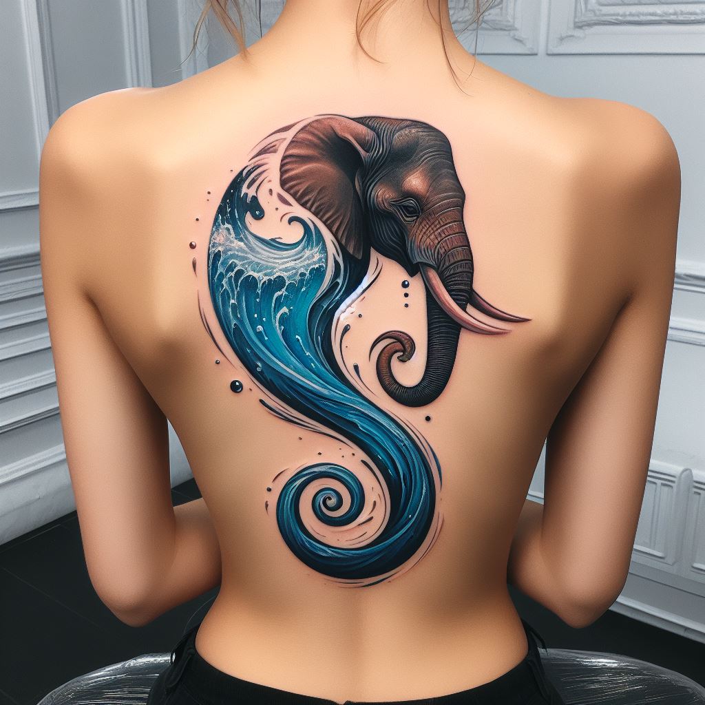 A tattoo of an elephant's trunk morphing into a flowing river, extending down the spine. The design seamlessly blends the elephant with the water element, symbolizing life's flow, adaptability, and the deep connection between all living things and their environments.
