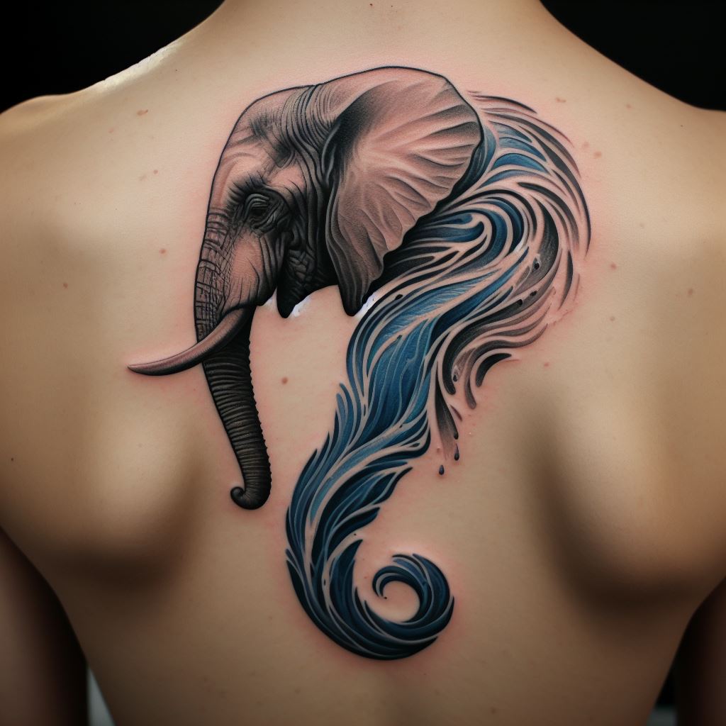 A tattoo of an elephant's trunk morphing into a flowing river, extending down the spine. The design seamlessly blends the elephant with the water element, symbolizing life's flow, adaptability, and the deep connection between all living things and their environments.