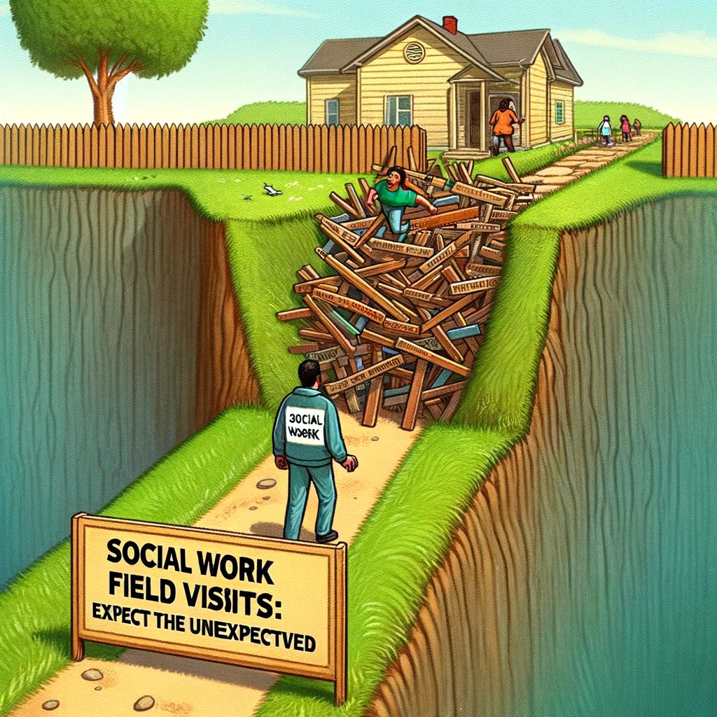 A satirical illustration of a social worker navigating a literal obstacle course to reach a client's house, with the caption: 'Social work field visits: Expect the unexpected.'