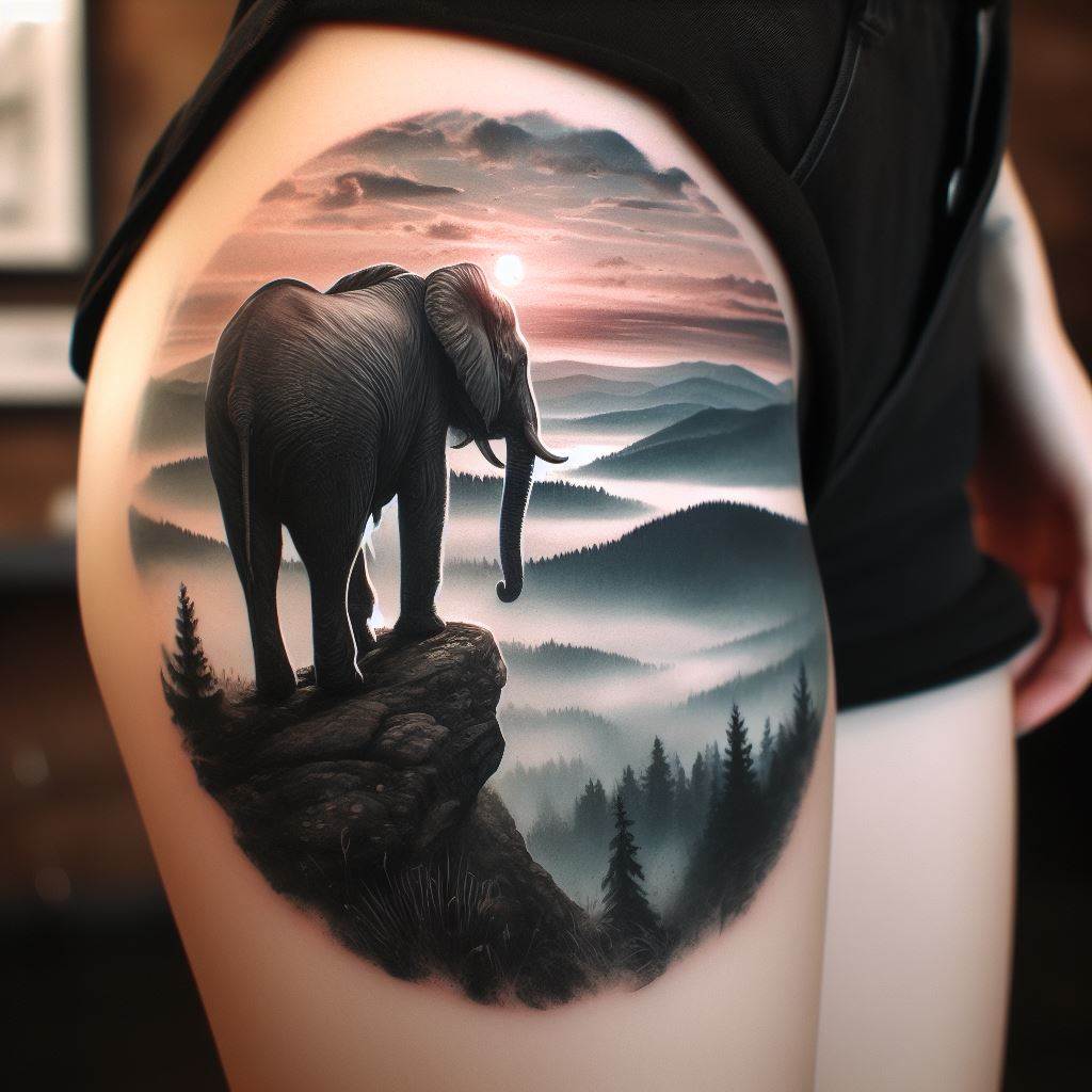 An atmospheric tattoo of an elephant standing on a cliff overlooking a vast, misty landscape at dawn, positioned on the thigh. The design captures the quiet majesty of the scene, with the elephant appearing as a guardian of the land, symbolizing contemplation, solitude, and the beauty of the natural world.