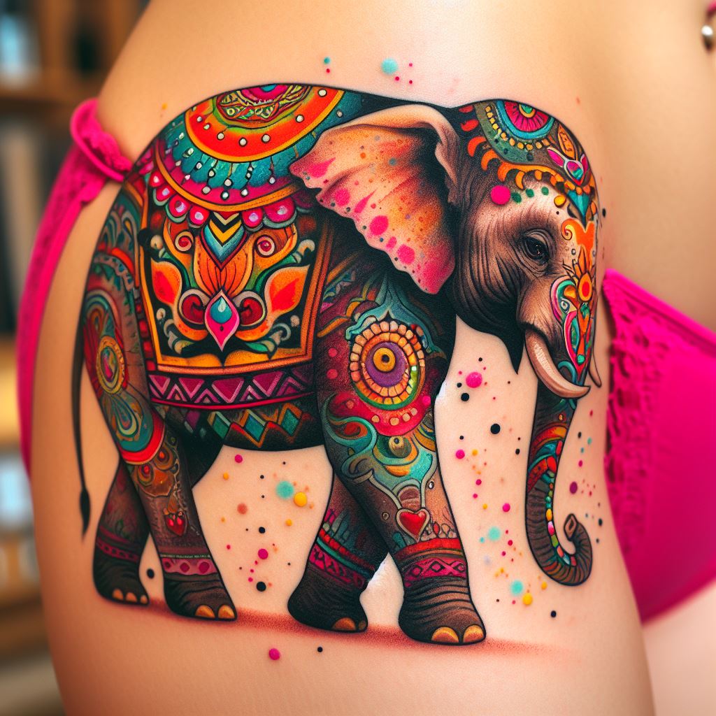 A tattoo of an elephant decked in vibrant festival decorations, including colorful paints and fabrics, located on the hip. This lively design celebrates the elephant's cultural significance in festivals around the world, symbolizing joy, community, and the rich tapestry of human traditions.
