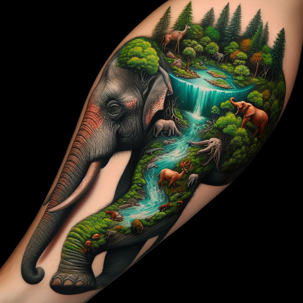 A surreal tattoo of an elephant with a forest ecosystem thriving on its back, complete with trees, animals, and a flowing waterfall, positioned across the full length of the arm. This imaginative design creates a microcosm of life on the elephant, symbolizing the planet's biodiversity and the critical role of elephants in their habitats.