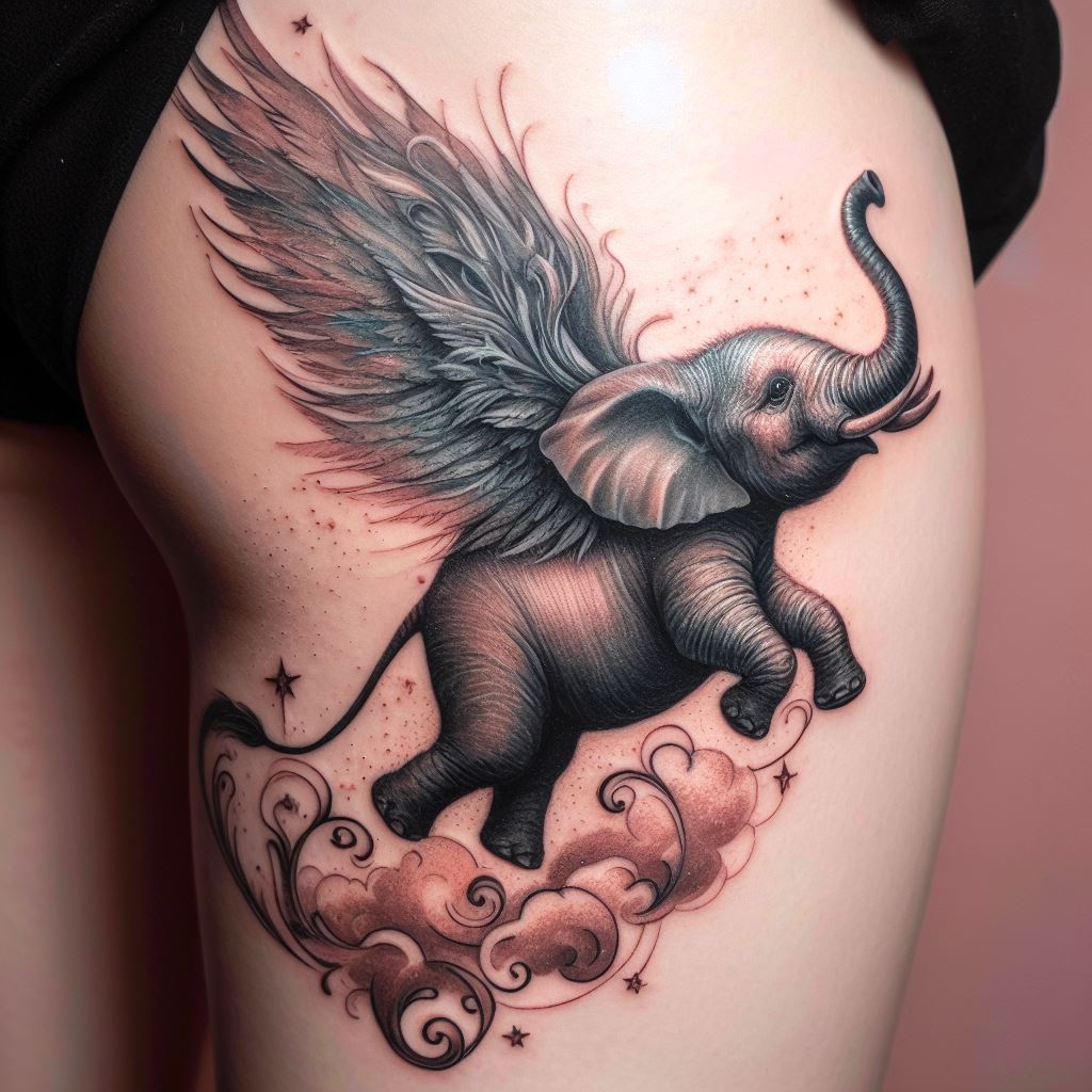A whimsical tattoo of a flying elephant, with delicate wings sprouting from its back, positioned on the lower leg. The design blends realism with fantasy, using detailed shading and textures to give life to this imaginative creature, symbolizing freedom, dreams, and the belief in the impossible.