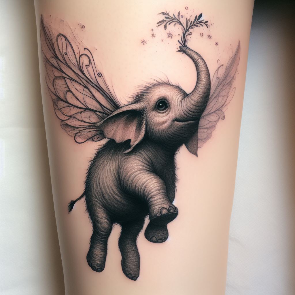 A whimsical tattoo of a flying elephant, with delicate wings sprouting from its back, positioned on the lower leg. The design blends realism with fantasy, using detailed shading and textures to give life to this imaginative creature, symbolizing freedom, dreams, and the belief in the impossible.