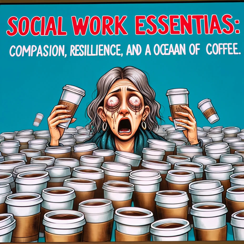 A comical image showing a social worker surrounded by a sea of coffee cups, with bags under their eyes, humorously depicting their reliance on caffeine, with the caption: 'Social work essentials: Compassion, resilience, and an ocean of coffee.'