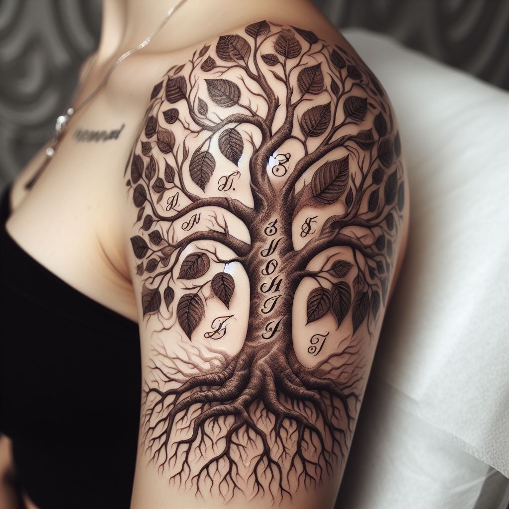 A tattoo on the upper arm featuring an intricately detailed family tree, with roots wrapped around the arm and branches extending upwards. Each leaf is delicately designed to represent a family member, with initials subtly integrated into the bark. The tattoo is shaded to give depth and texture, emphasizing the connection and growth of the family lineage.