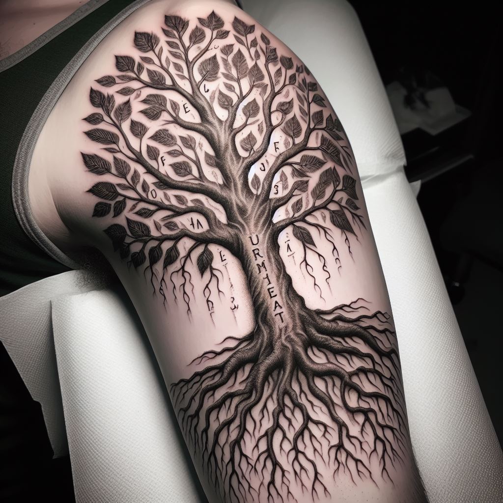 A tattoo on the upper arm featuring an intricately detailed family tree, with roots wrapped around the arm and branches extending upwards. Each leaf is delicately designed to represent a family member, with initials subtly integrated into the bark. The tattoo is shaded to give depth and texture, emphasizing the connection and growth of the family lineage.