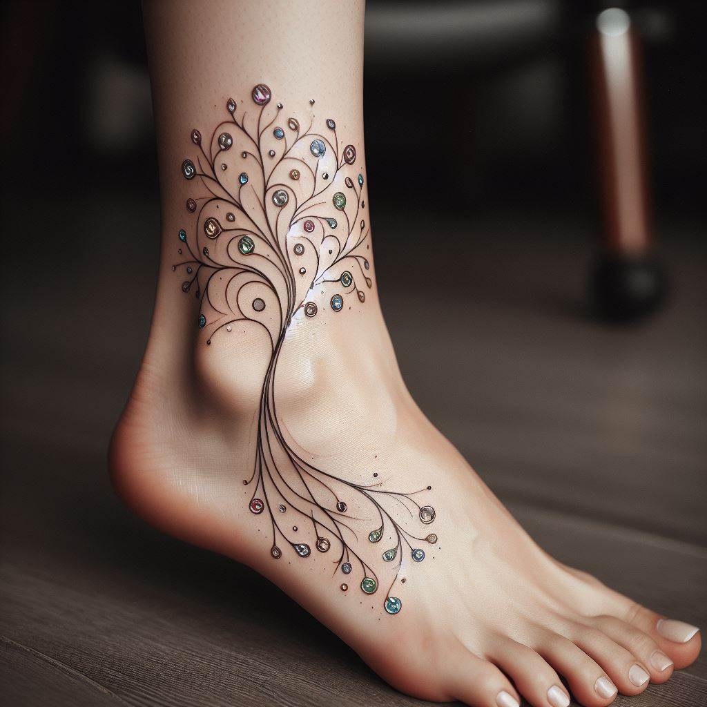 An ankle tattoo showcasing a slender family tree that wraps gracefully around the ankle, like a piece of jewelry. The tree's branches are adorned with small, sparkling gems instead of leaves, each gem color representing a different birth month of family members. The tattoo incorporates fine line work with hints of color for a sophisticated and personal touch.