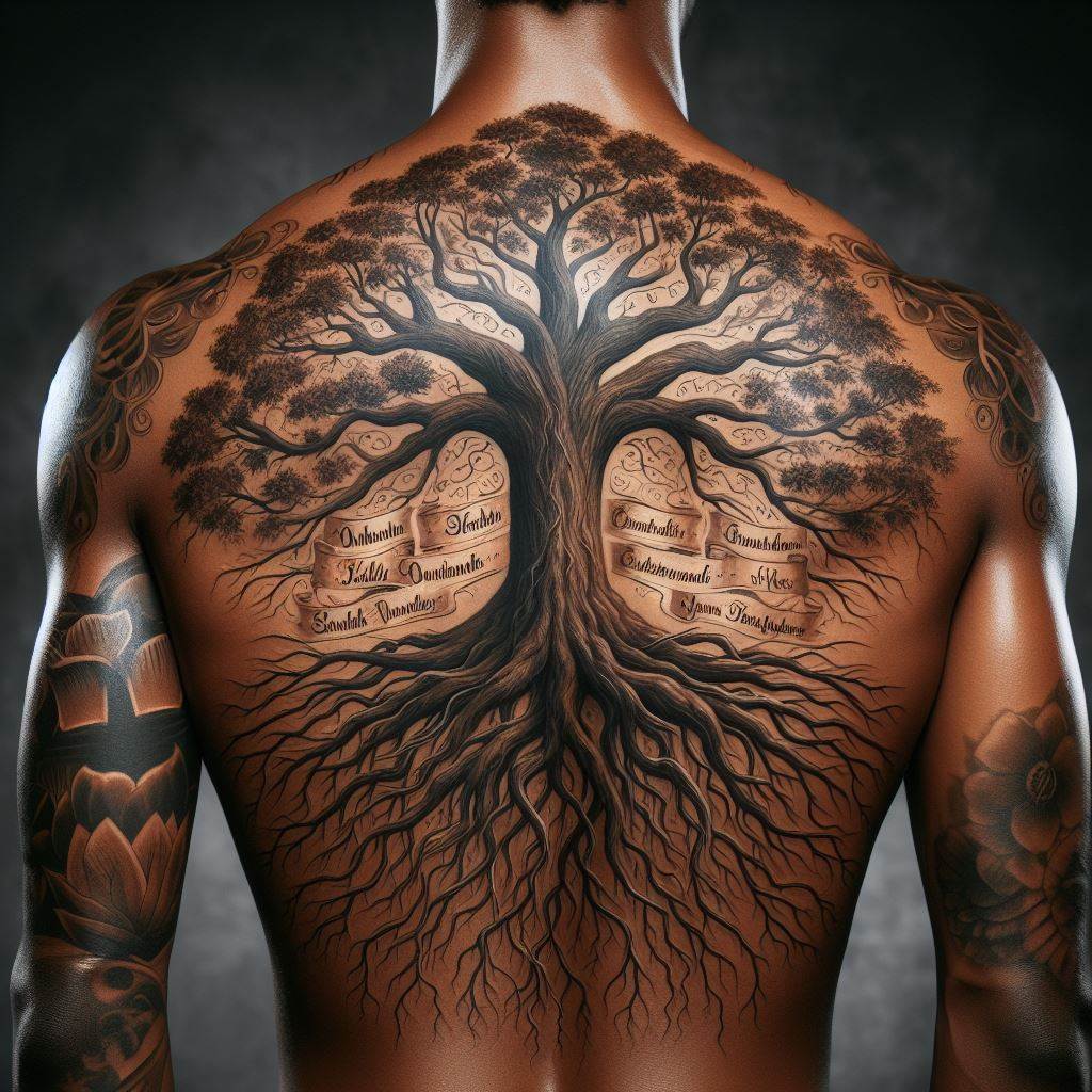 A back tattoo featuring a majestic oak tree that covers the entire back, symbolizing strength and endurance. Each branch is detailed to represent different generations of the family, with names elegantly scripted along the branches. The roots delve deep into the lower back, signifying the family's deep bonds and heritage.