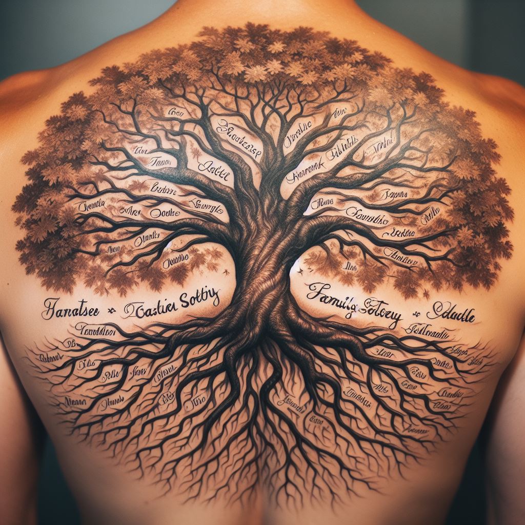 A back tattoo featuring a majestic oak tree that covers the entire back, symbolizing strength and endurance. Each branch is detailed to represent different generations of the family, with names elegantly scripted along the branches. The roots delve deep into the lower back, signifying the family's deep bonds and heritage.