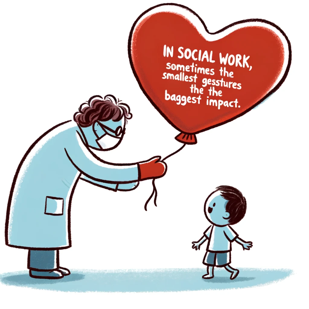 An endearing cartoon of a social worker with a heart-shaped balloon, giving it to a child, symbolizing the love and care in their work, with the caption: 'In social work, sometimes the smallest gestures make the biggest impact.'