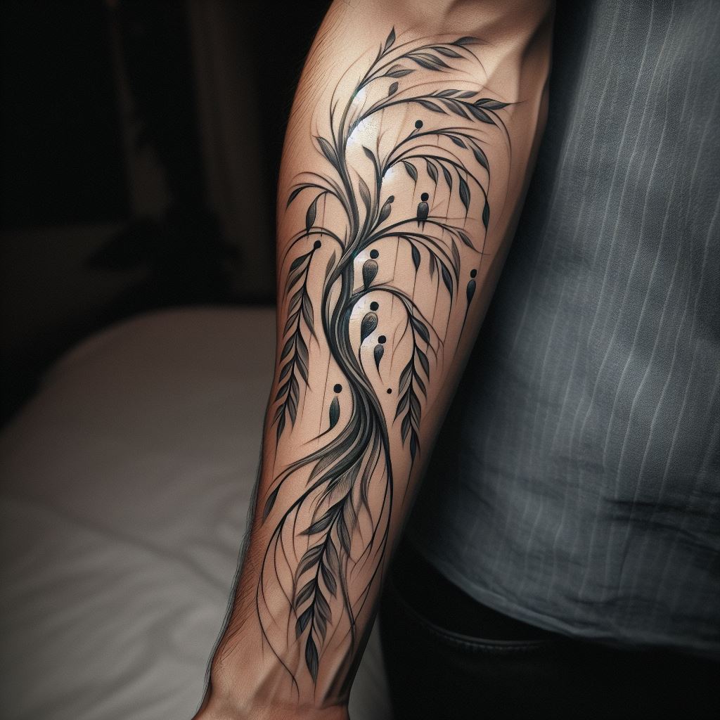 An elegant tattoo on the forearm, where a willow tree's branches gently flow downwards, each leaf representing a family member's unique trait. The tattoo uses soft shading and fine lines to create a sense of movement and serenity, emphasizing the unity and flexibility of family bonds.