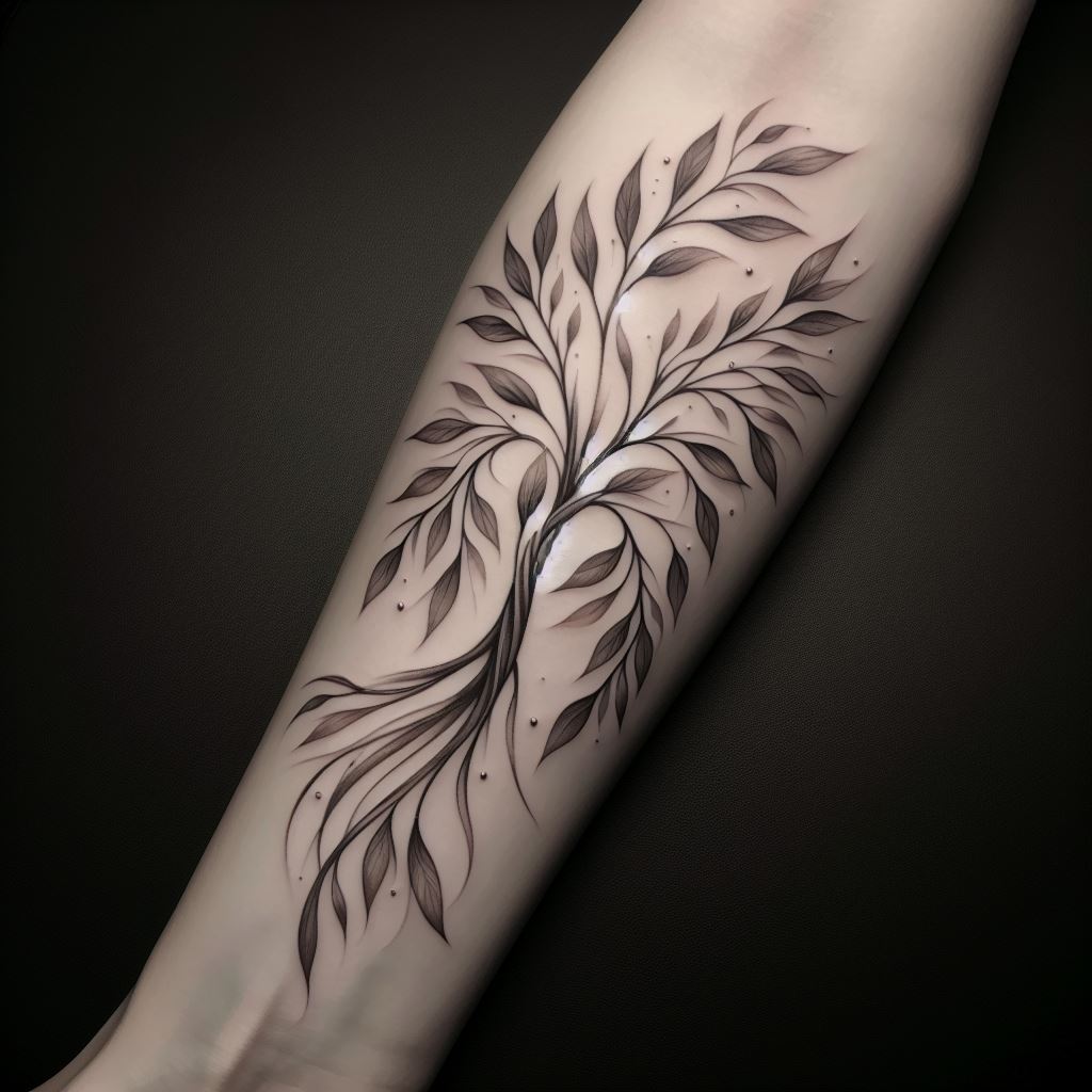 An elegant tattoo on the forearm, where a willow tree's branches gently flow downwards, each leaf representing a family member's unique trait. The tattoo uses soft shading and fine lines to create a sense of movement and serenity, emphasizing the unity and flexibility of family bonds.