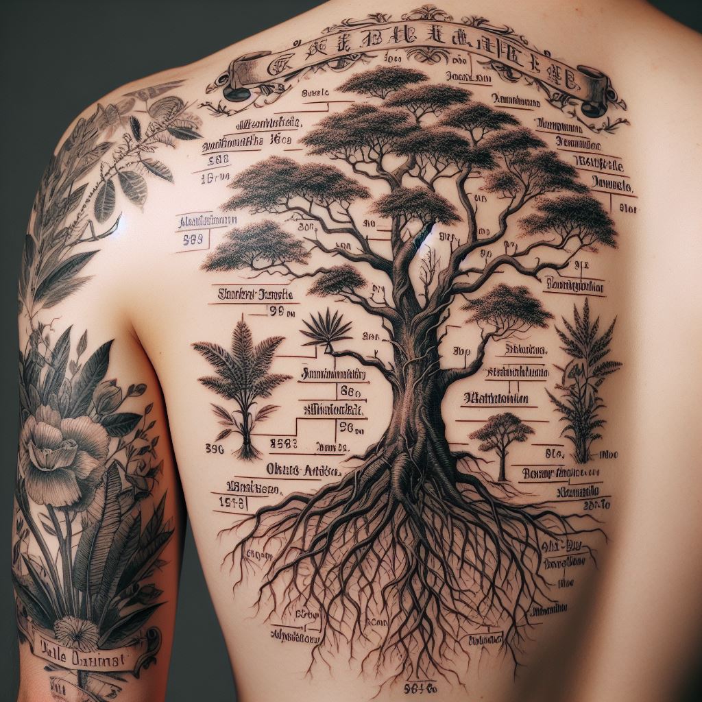 A tattoo on the side of the torso, depicting a family tree in the style of a vintage botanical illustration. Each family member is represented by a different species of tree, reflecting their individual personalities and roots. The tattoo is detailed with scientific names and birth dates in an old-fashioned script, creating a timeless tribute to familial connections.