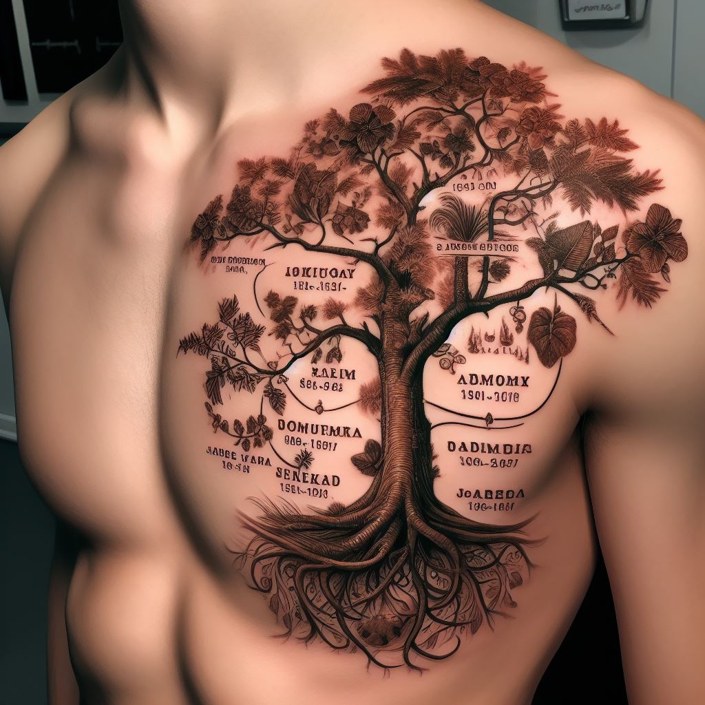 A tattoo on the side of the torso, depicting a family tree in the style of a vintage botanical illustration. Each family member is represented by a different species of tree, reflecting their individual personalities and roots. The tattoo is detailed with scientific names and birth dates in an old-fashioned script, creating a timeless tribute to familial connections.