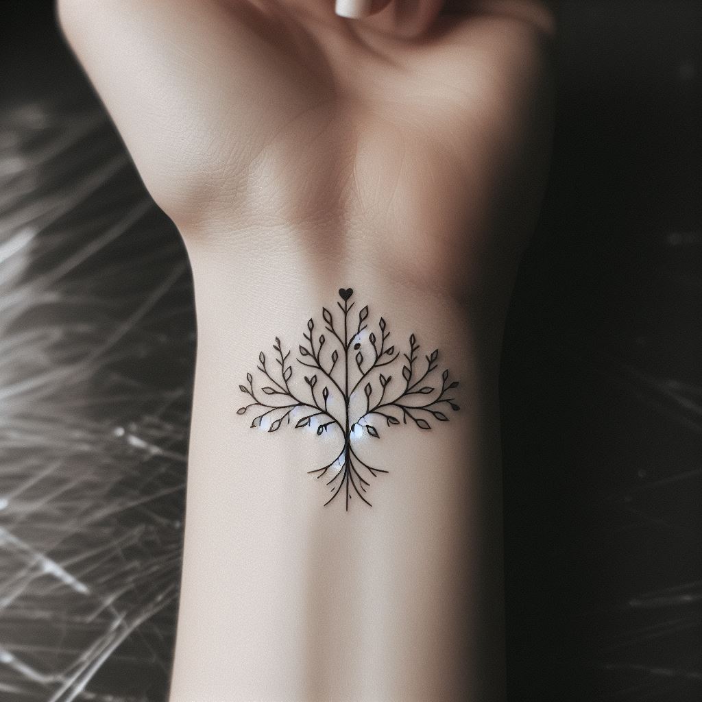 A wrist tattoo featuring a small, minimalist family tree, with clean lines and a simple design. Each branch ends with a tiny heart or star, symbolizing the love and guidance from each family member. This tattoo offers a subtle yet powerful reminder of family, suitable for those who prefer a more understated expression.