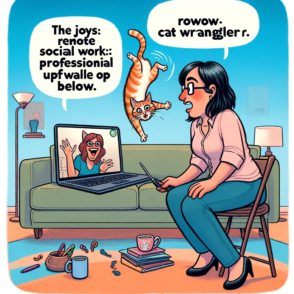 A lighthearted depiction of a social worker on a video call, trying to maintain professionalism while a cat causes chaos in the background, with the caption: 'The joys of remote social work: Professional up top, cat wrangler down below.'