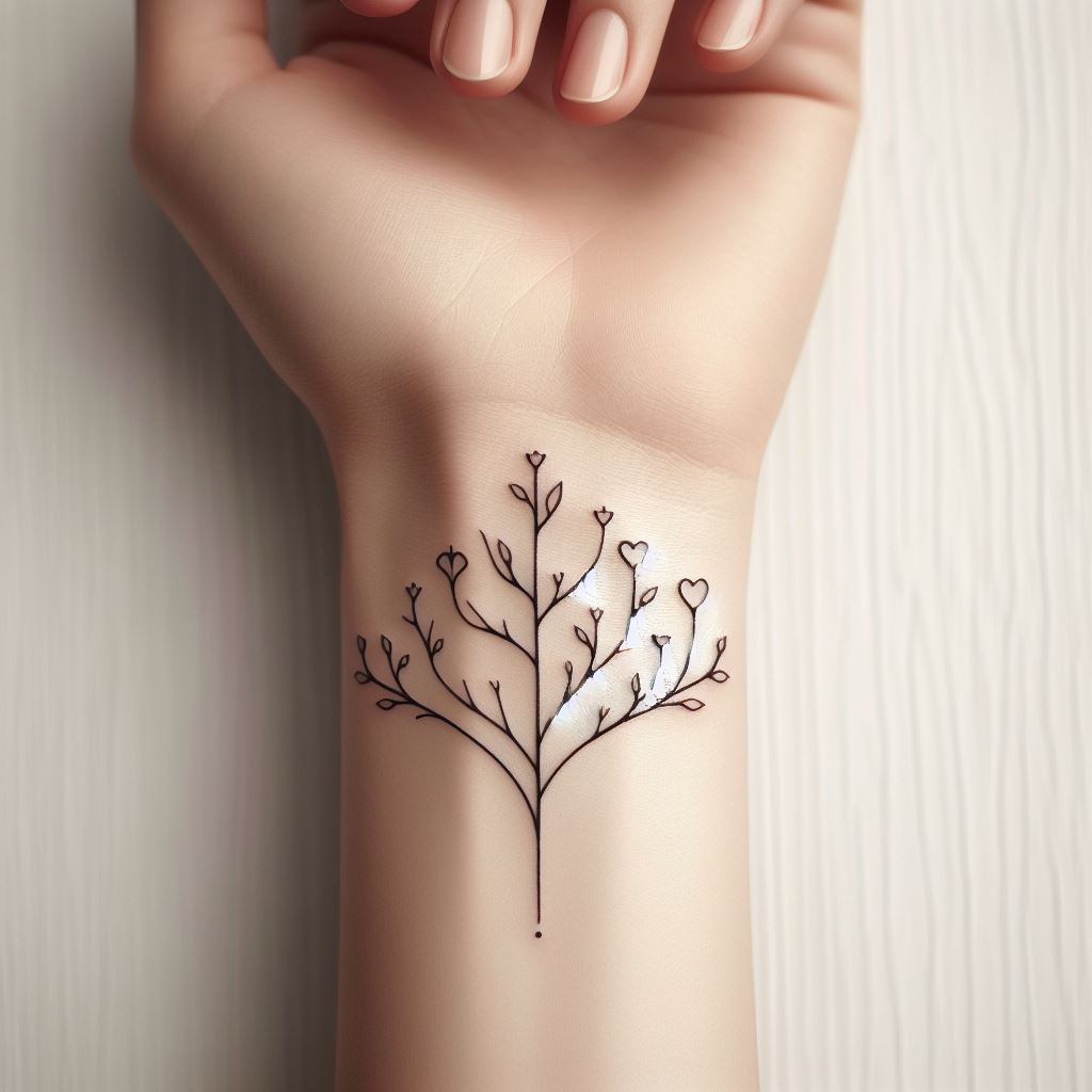 A wrist tattoo featuring a small, minimalist family tree, with clean lines and a simple design. Each branch ends with a tiny heart or star, symbolizing the love and guidance from each family member. This tattoo offers a subtle yet powerful reminder of family, suitable for those who prefer a more understated expression.