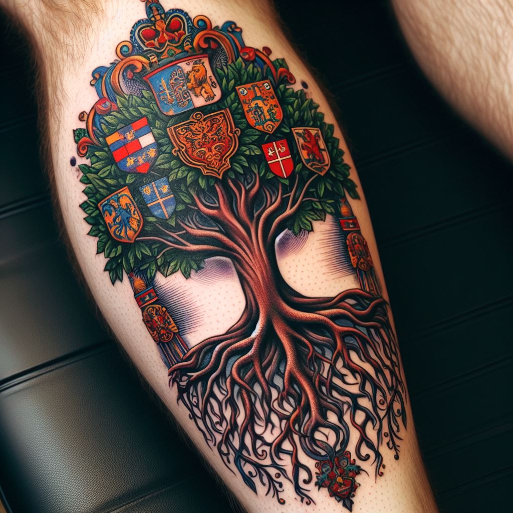 A tattoo on the calf, illustrating a robust family tree with deep roots and lush foliage. The design incorporates traditional symbols of heritage and ancestry, such as crests or flags, woven into the background. The tattoo's bold lines and vibrant colors celebrate the rich tapestry of family history and culture.