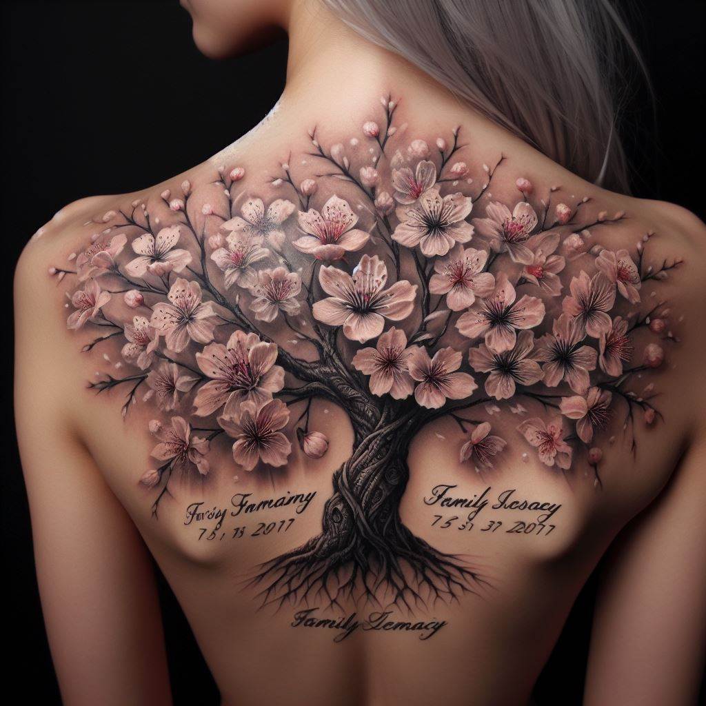 An intricate tattoo on the shoulder blade, where a cherry blossom tree represents the family. Each blossom is carefully shaded to denote the fragility and beauty of life, with names and dates hidden within the petals. This tattoo merges the symbolism of renewal and family legacy in a delicate and artistic manner.