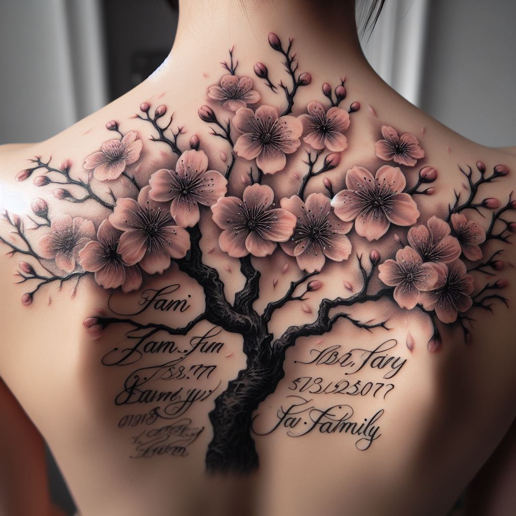 An intricate tattoo on the shoulder blade, where a cherry blossom tree represents the family. Each blossom is carefully shaded to denote the fragility and beauty of life, with names and dates hidden within the petals. This tattoo merges the symbolism of renewal and family legacy in a delicate and artistic manner.