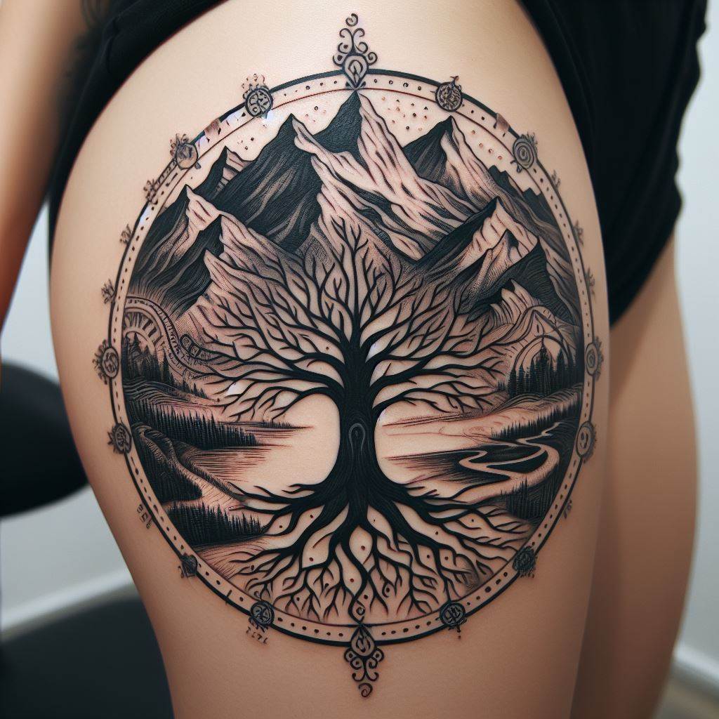 A tattoo encircling the thigh, featuring a family tree that merges with a landscape, showing the family's journey and growth through different terrains. Mountains, rivers, and paths intertwine with the tree's roots and branches, with significant locations and dates marked along the way. This tattoo tells the story of a family's journey and resilience.