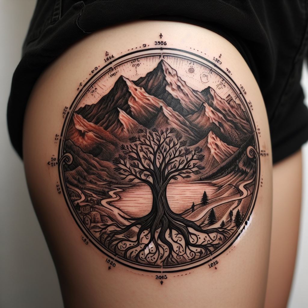 A tattoo encircling the thigh, featuring a family tree that merges with a landscape, showing the family's journey and growth through different terrains. Mountains, rivers, and paths intertwine with the tree's roots and branches, with significant locations and dates marked along the way. This tattoo tells the story of a family's journey and resilience.