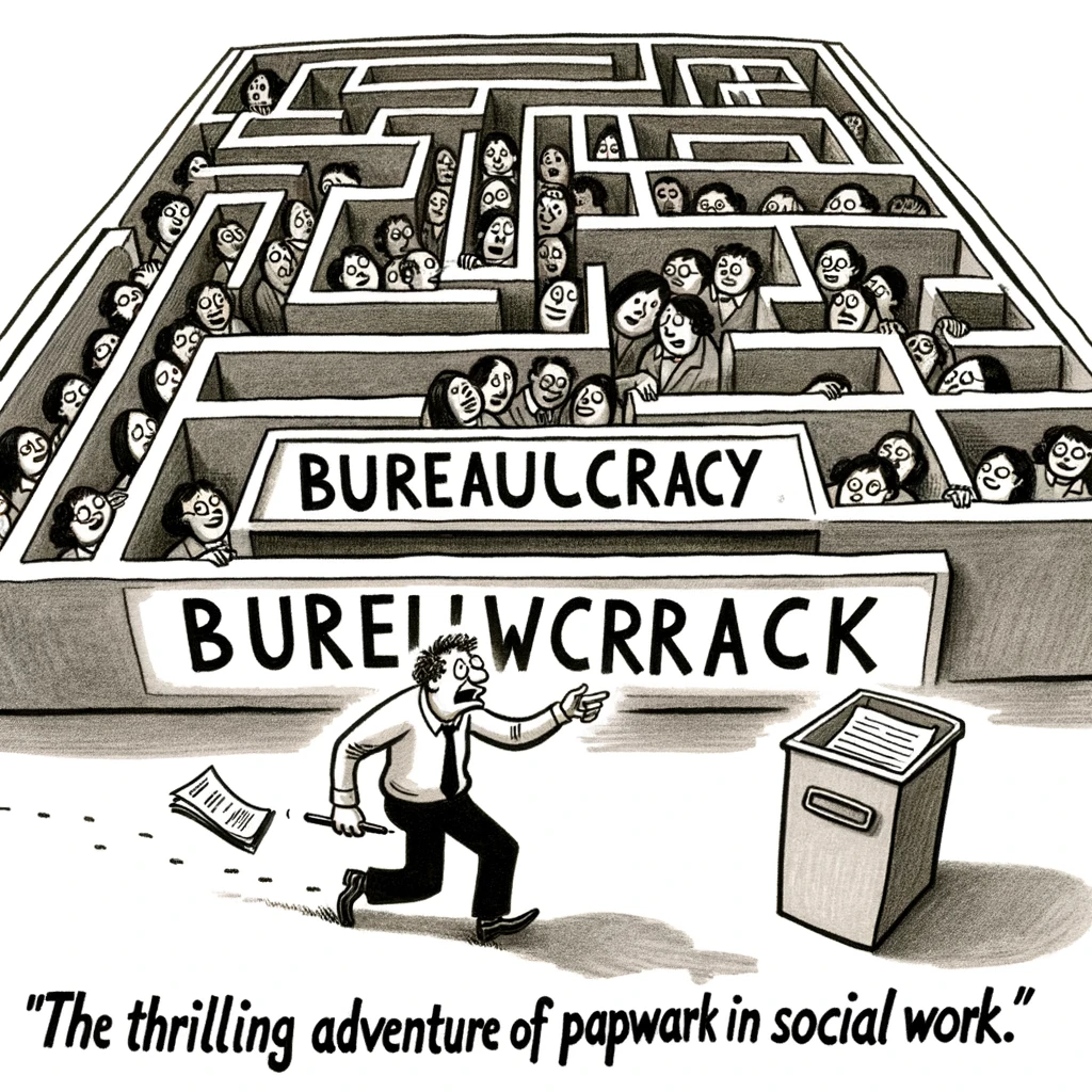 A humorous sketch of a social worker trying to navigate through a maze labeled 'Bureaucracy' to submit a single form, with the caption: 'The thrilling adventure of paperwork in social work.'