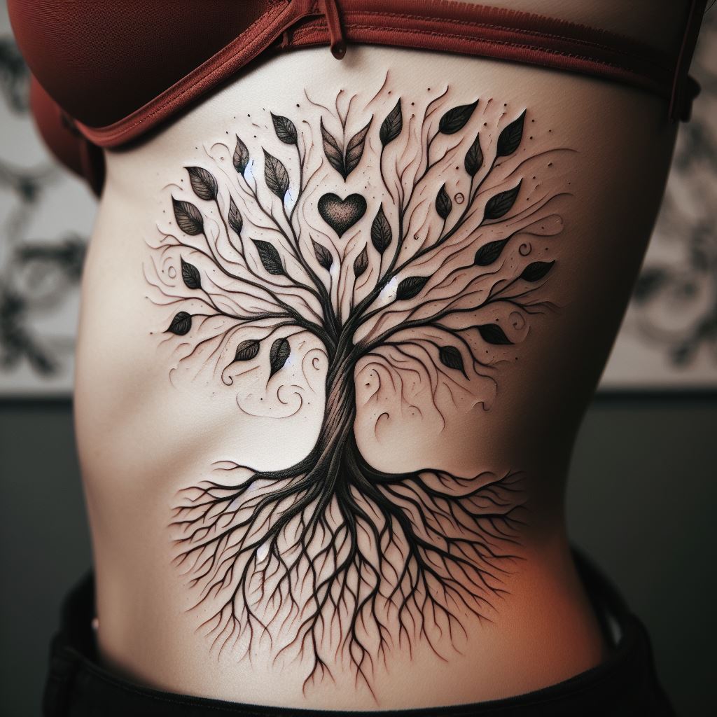 An intimate tattoo on the ribcage, depicting a family tree with roots in the shape of a heart, signifying love at the foundation of the family. The branches reach upwards, with leaves fluttering in the wind, each leaf inscribed with a letter or symbol meaningful to the family. The tattoo is designed with fine lines and shading, creating a private homage to family bonds.