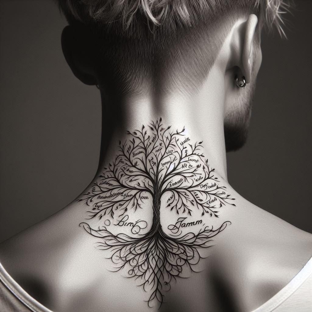 An artistic tattoo on the back of the neck, where a small, delicate family tree fits perfectly, symbolizing unity and connection. The tree's branches are fine and intricate, weaving together the names of family members in a flowing script. This tattoo blends elegance with personal significance, making it both a statement piece and a private reminder.