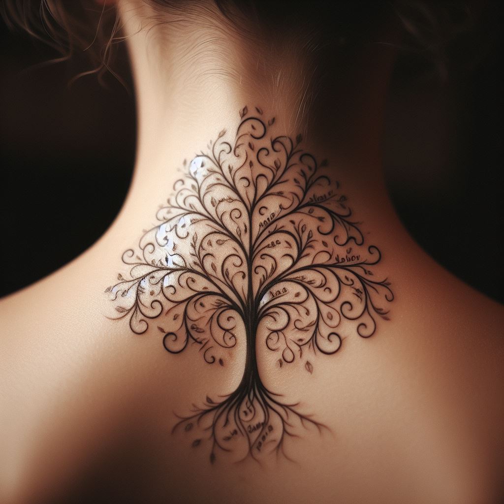 An artistic tattoo on the back of the neck, where a small, delicate family tree fits perfectly, symbolizing unity and connection. The tree's branches are fine and intricate, weaving together the names of family members in a flowing script. This tattoo blends elegance with personal significance, making it both a statement piece and a private reminder.