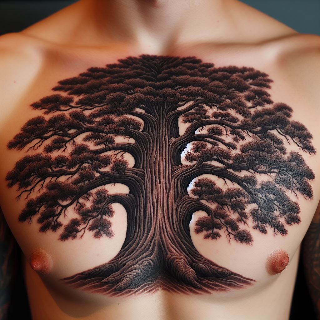 A tattoo across the chest, depicting a powerful sequoia tree with a wide, sturdy trunk representing the family's strength and enduring legacy. The branches spread wide across the chest, with each branch representing a different lineage or branch of the family. The tattoo is rich in detail, with deep shading to give the tree a life-like appearance.