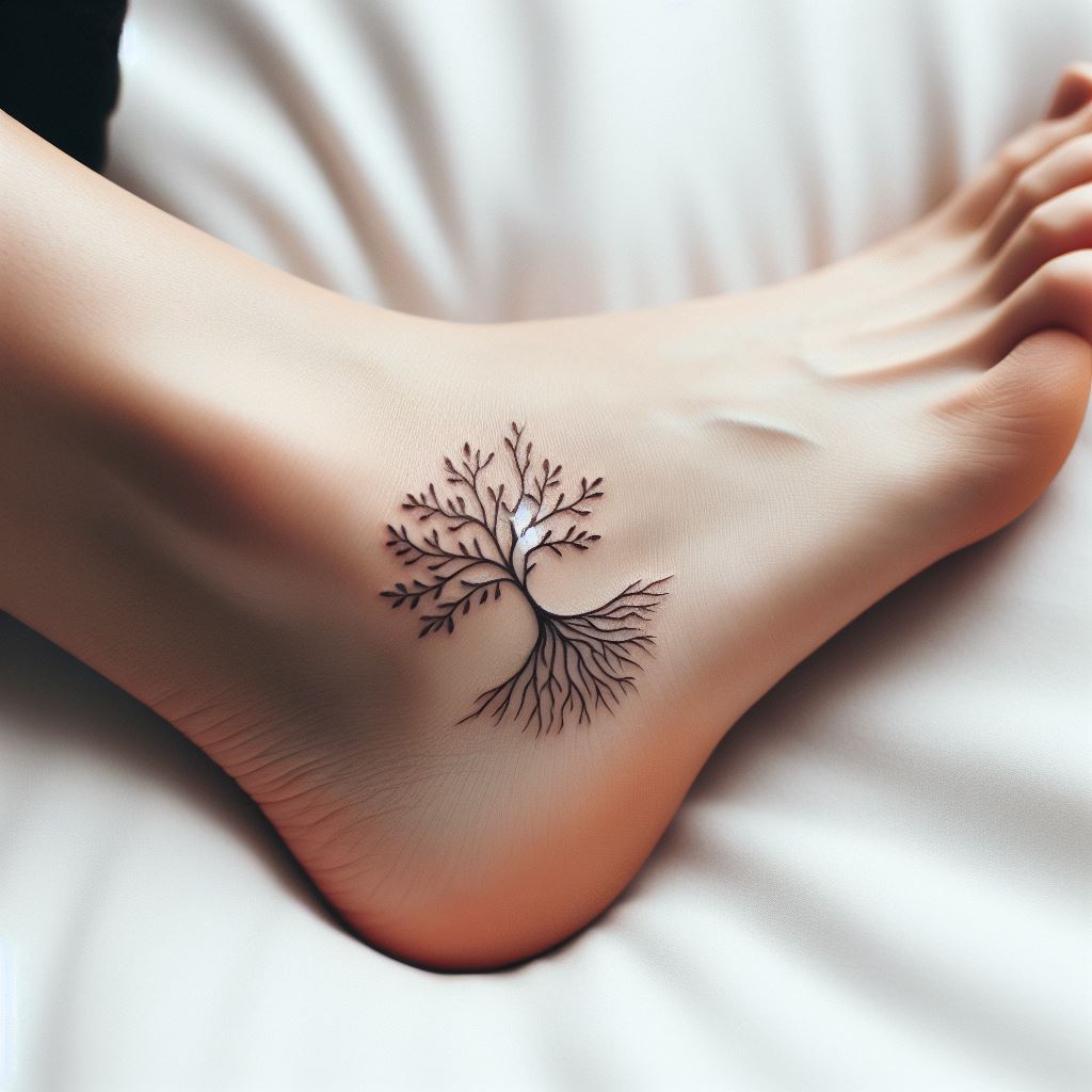 An intimate tattoo on the side of the foot, showcasing a dainty family tree that seems to grow from the roots at the heel, extending its delicate branches and leaves across the foot's side. This tattoo uses minimalistic design and fine lines to convey the idea that family is the foundation upon which one stands.