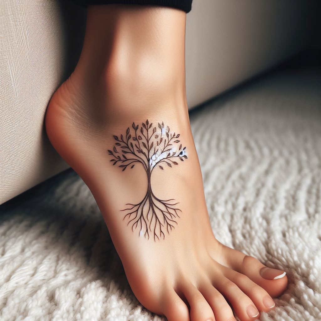 An intimate tattoo on the side of the foot, showcasing a dainty family tree that seems to grow from the roots at the heel, extending its delicate branches and leaves across the foot's side. This tattoo uses minimalistic design and fine lines to convey the idea that family is the foundation upon which one stands.