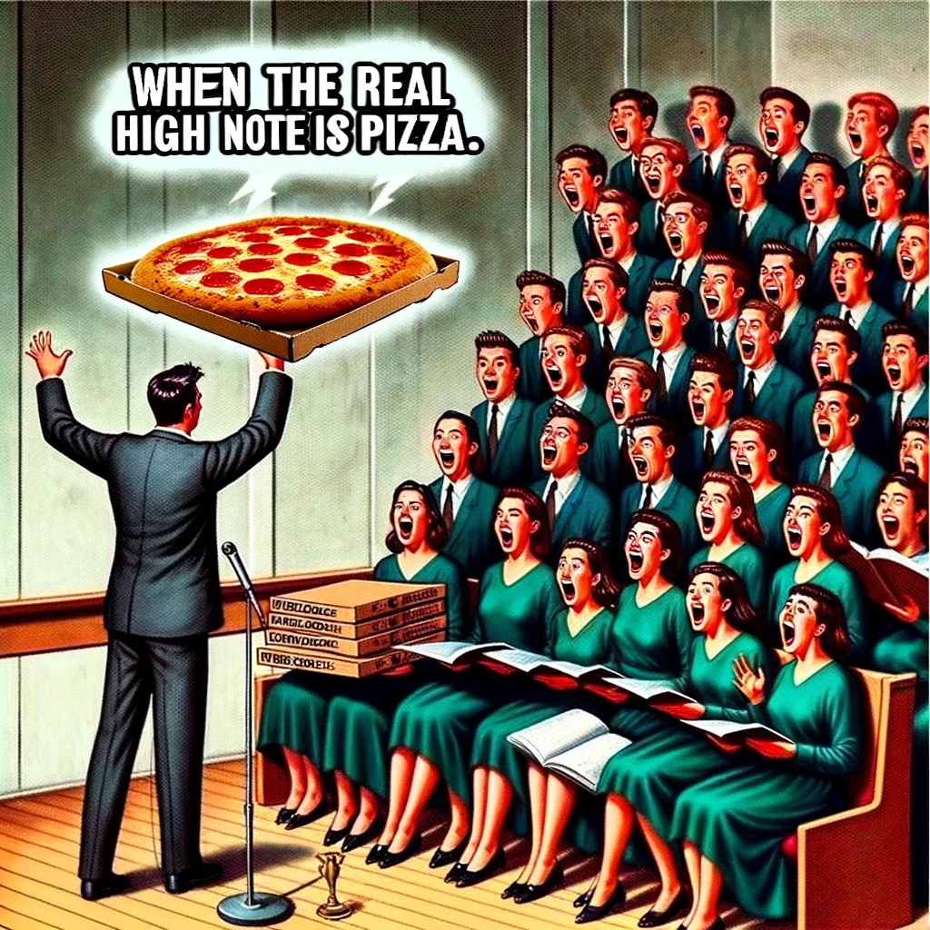 A humorous image of a choir group getting distracted by a pizza delivery arriving right in the middle of their performance, with the caption, "When the real high note is pizza."