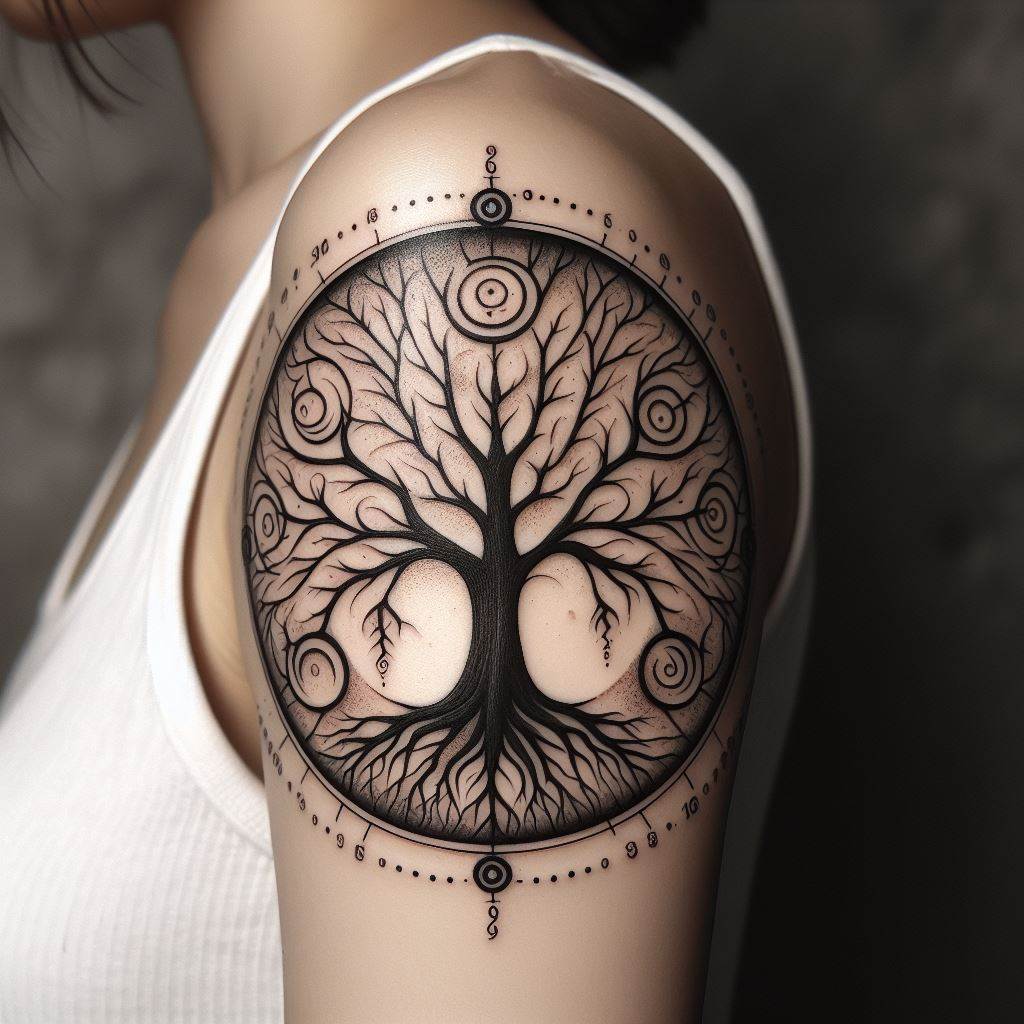 A tattoo encircling the bicep, where a family tree is depicted as a circle of life, with no beginning and no end. The branches and roots intertwine, forming a continuous loop that represents the eternal bond of the family. Each intersection of branch and root is marked with a significant date or symbol, illustrating the family's interwoven stories and legacy.