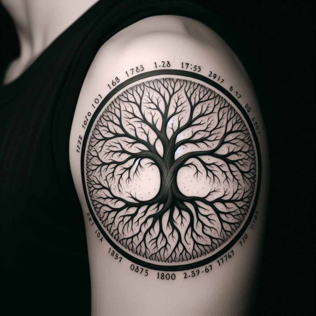 A tattoo encircling the bicep, where a family tree is depicted as a circle of life, with no beginning and no end. The branches and roots intertwine, forming a continuous loop that represents the eternal bond of the family. Each intersection of branch and root is marked with a significant date or symbol, illustrating the family's interwoven stories and legacy.