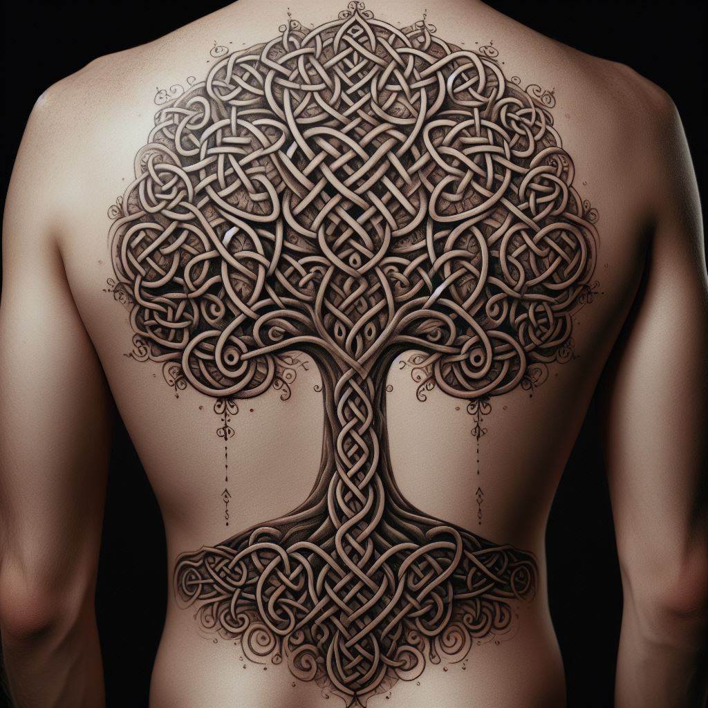 An innovative tattoo on the lower back, where a family tree is represented not by traditional foliage but by an array of interconnected Celtic knots. Each knot represents a family member, intricately linked to form a unified whole. The design symbolizes the unbreakable bonds and interconnectedness of family ties.