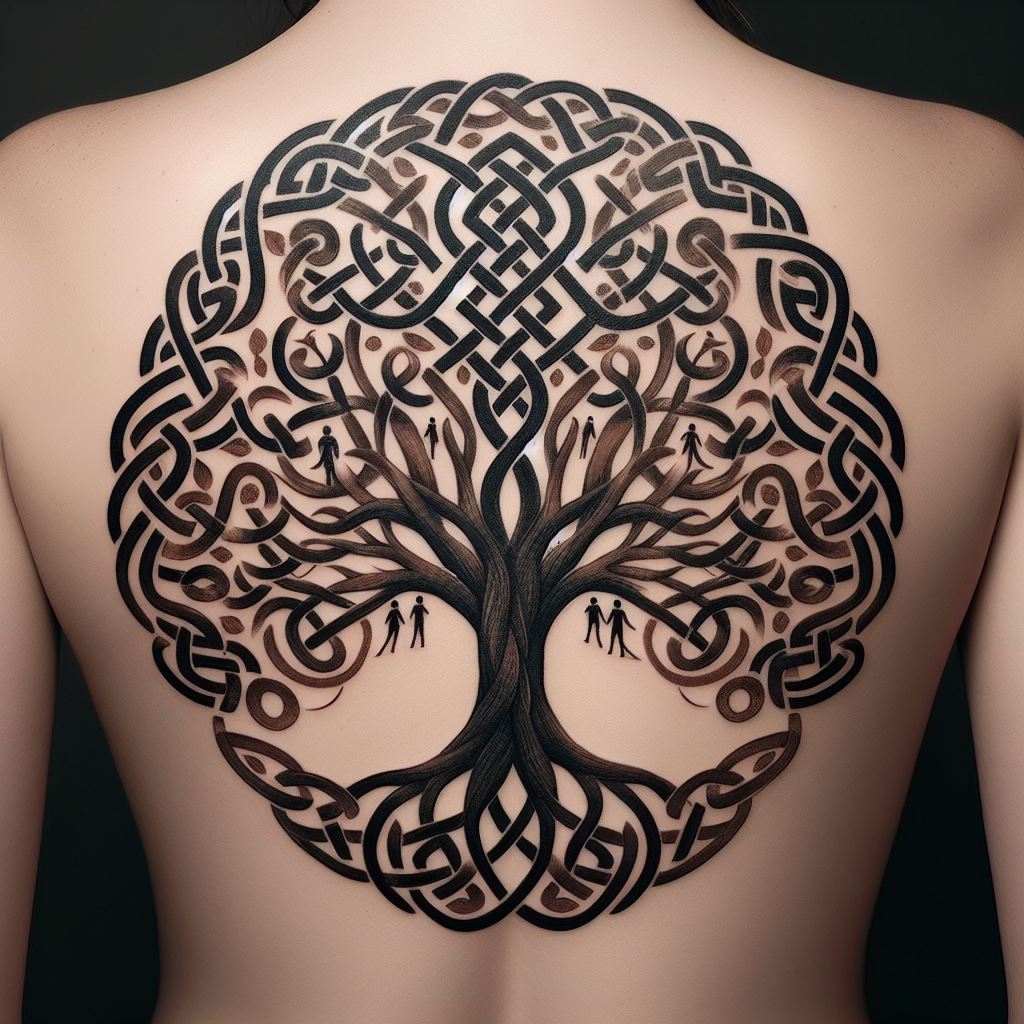 An innovative tattoo on the lower back, where a family tree is represented not by traditional foliage but by an array of interconnected Celtic knots. Each knot represents a family member, intricately linked to form a unified whole. The design symbolizes the unbreakable bonds and interconnectedness of family ties.