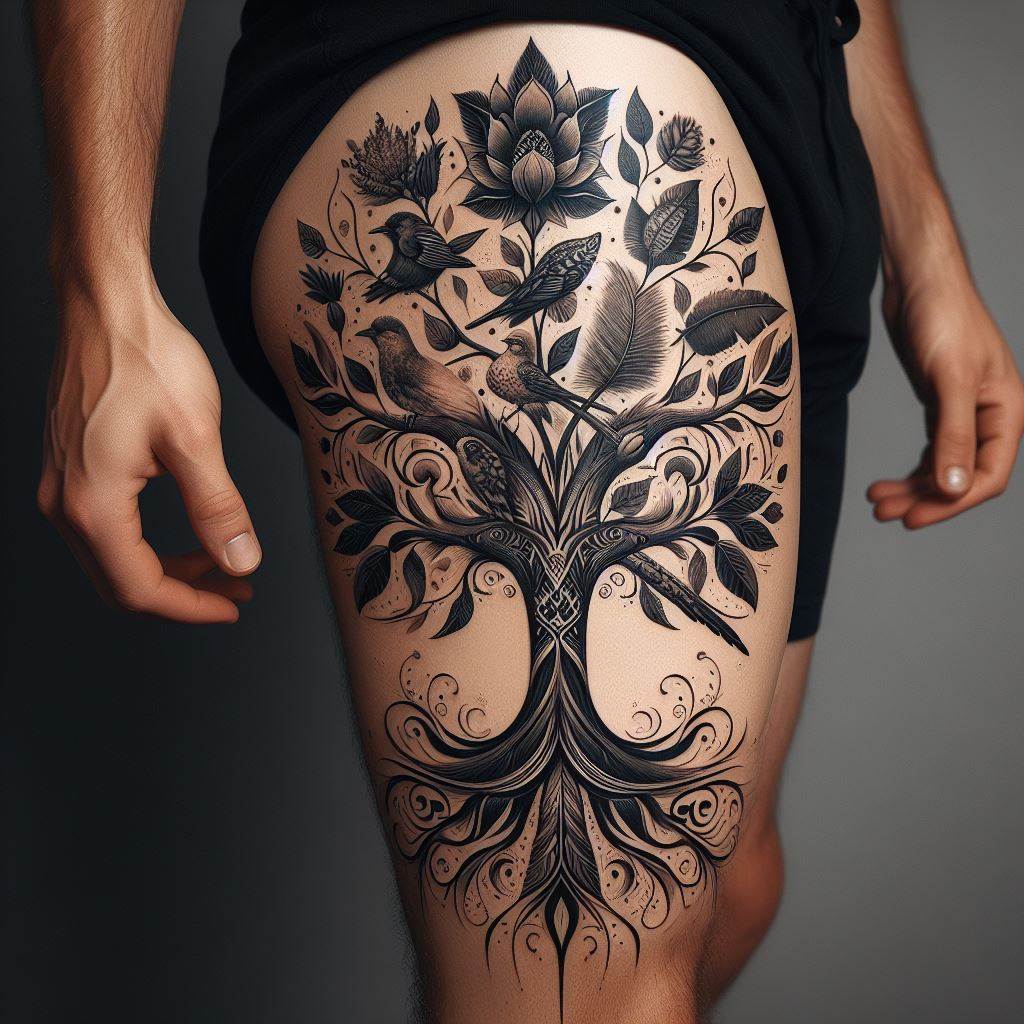 A tattoo on the upper thigh featuring a family tree that incorporates elements of nature significant to the family's history, such as the national flower or bird. The tree itself is stylized, with each branch uniquely designed to reflect these elements, blending personal and cultural heritage into a beautiful and meaningful composition.